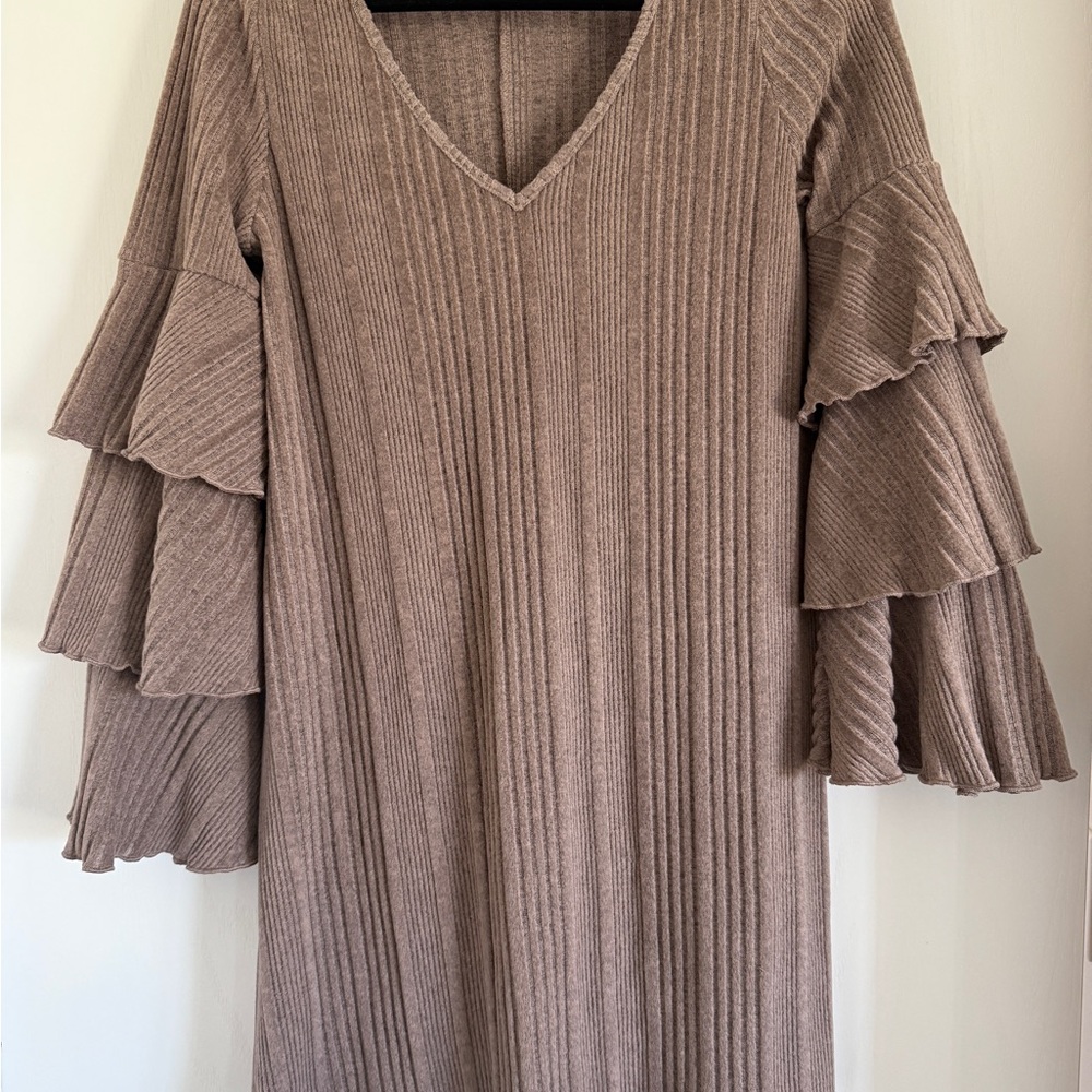 Elegant Tiered Sleeve Sweater Brown Dress